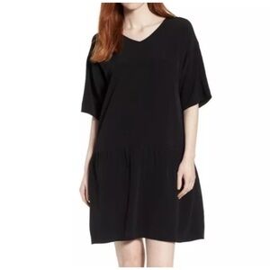 Eileen Fisher Drop Waist Tencel Lyocell Blend Dress Black V-neck Minimalist L